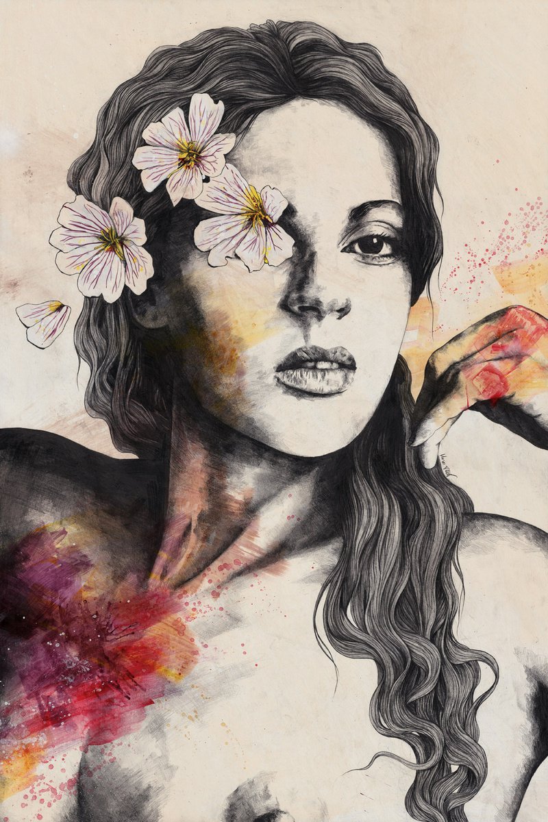 Sinaia | realistic nude female portrait | expressive woman drawing with flowers by Marco Paludet