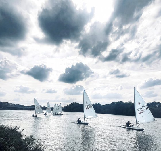 Sailing on the River Thames in cloudy London