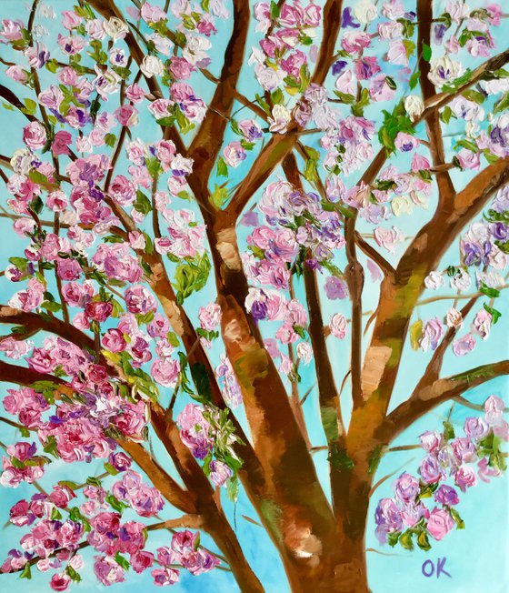 Apple blossom , spring in London pink, white, turquoise 61x71cm ready to hang oil painting