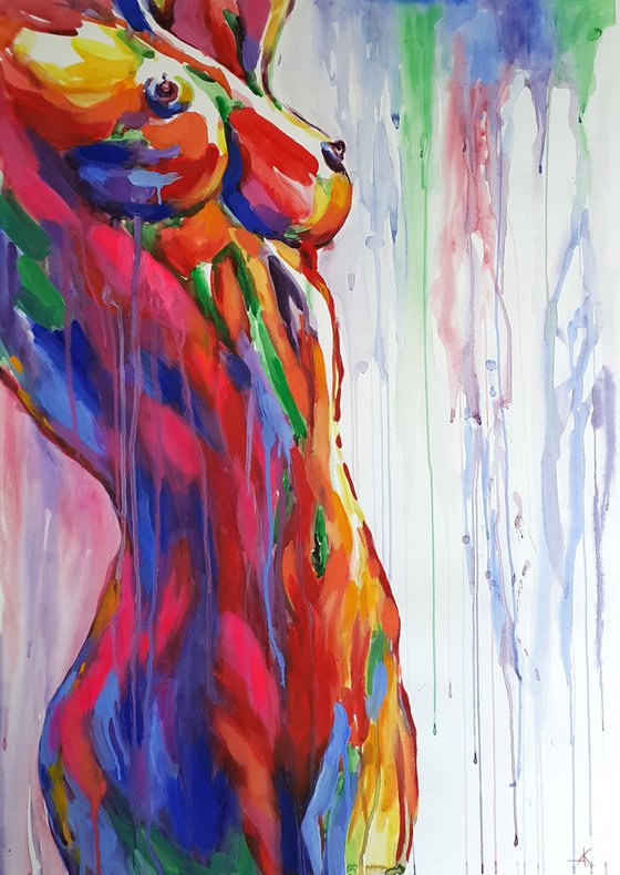 Passion - erotic, nude, woman, woman body, Mixed-media, girl, watercolor painting, acrylic, body