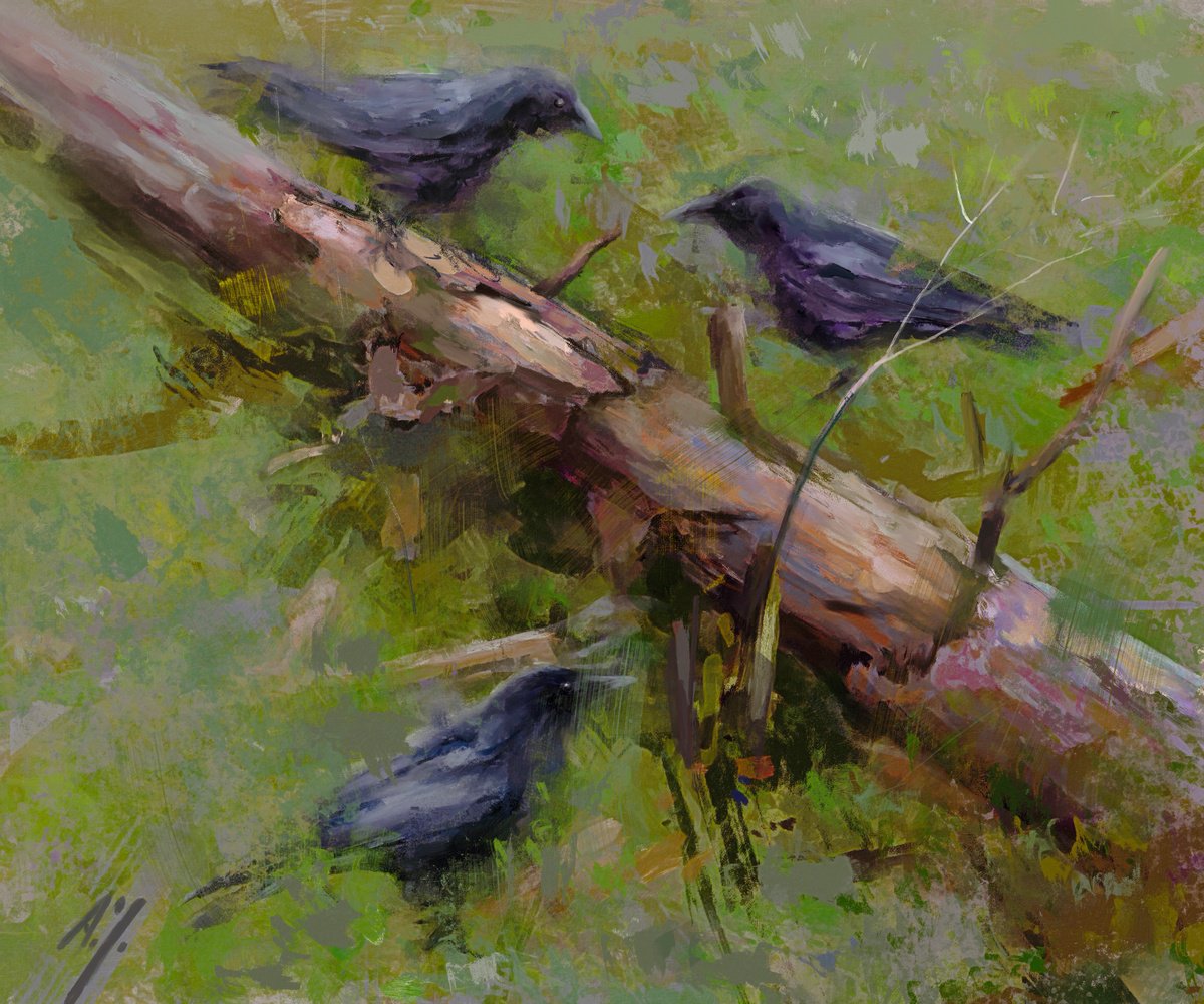 Impressionistic Landscape Giclee Print By Aleksandr Jerochin, 24 X 20, - 3 Crows - , Original Artwork