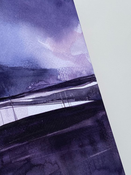Landscape Abstract Watercolour Fluid Art Painting Contemporary Purple Mountings Watercolor Painting