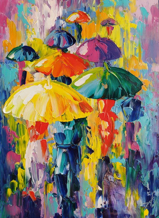 Walk under the rain - painting on canvas, umbrella art, people in the rain, oil painting, people art, rain, umbrella, painting canvas, impressionism,palette knife, gift