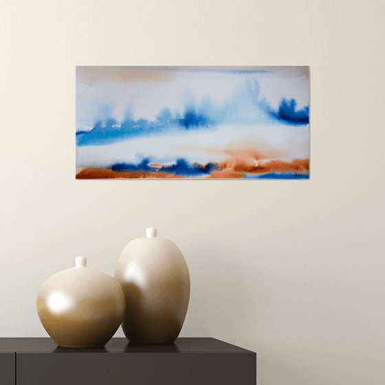 Abstraction landscape. Blue and orange. Cold and warm. Interior gallery wall white watercolor acuarelle organic gift idea medium size