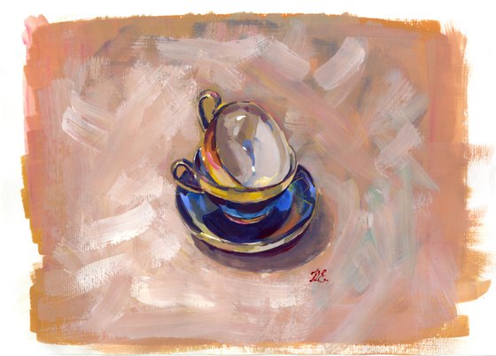 Vintage cups in gouache, Colorful Art for the kitchen