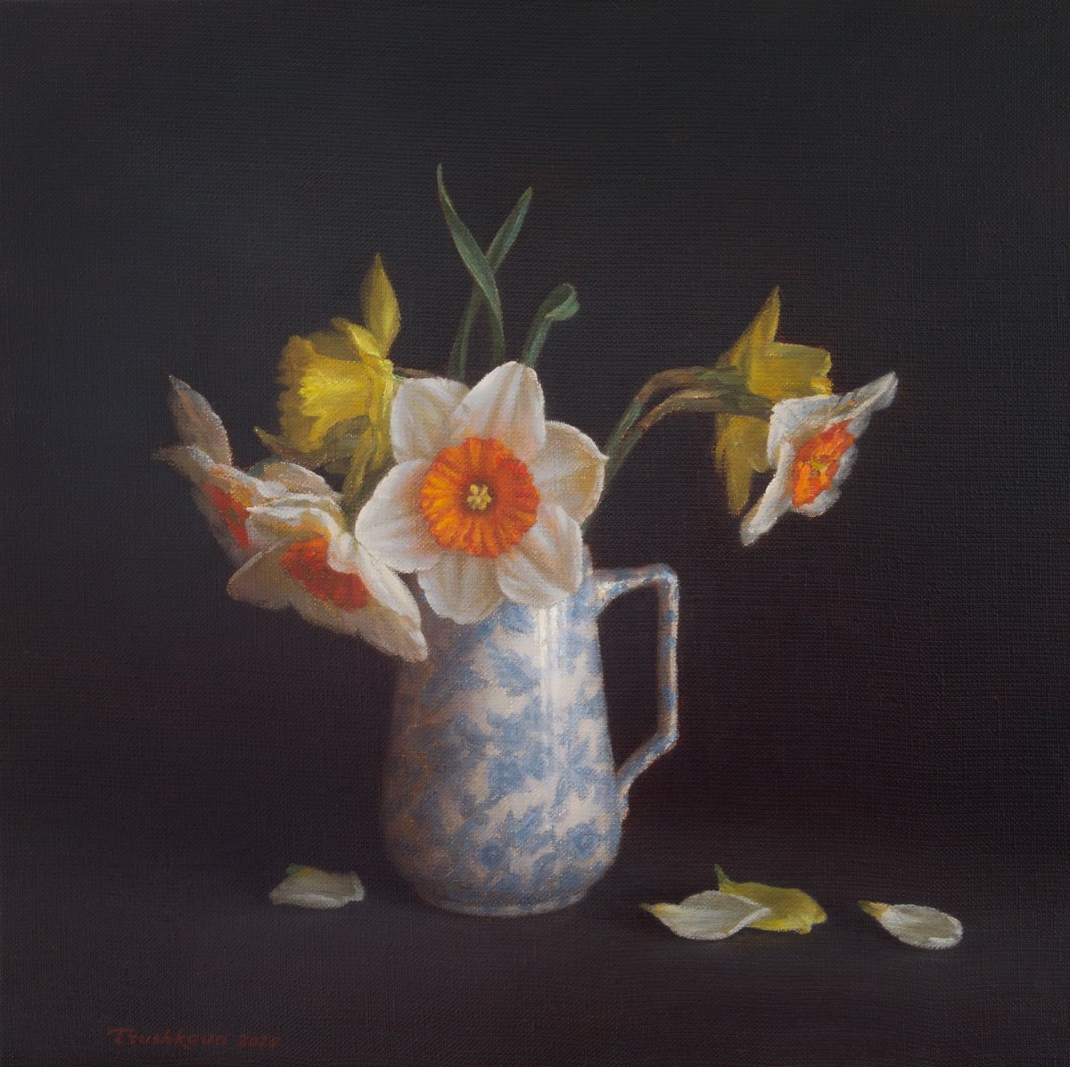 Photorealistic Still Life Oil Painting By Irina Trushkova, 14 X 14, Daffodils In A Milk Jug, Original Artwork