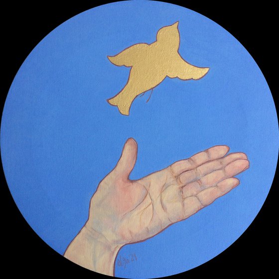 Original oil and golden leaf painting - Round canvas for living room - Hand and bird (2021)