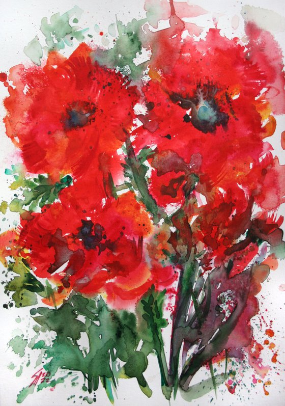 Expressive Red Flowers / ORIGINAL WATERCOLOR PAINTING