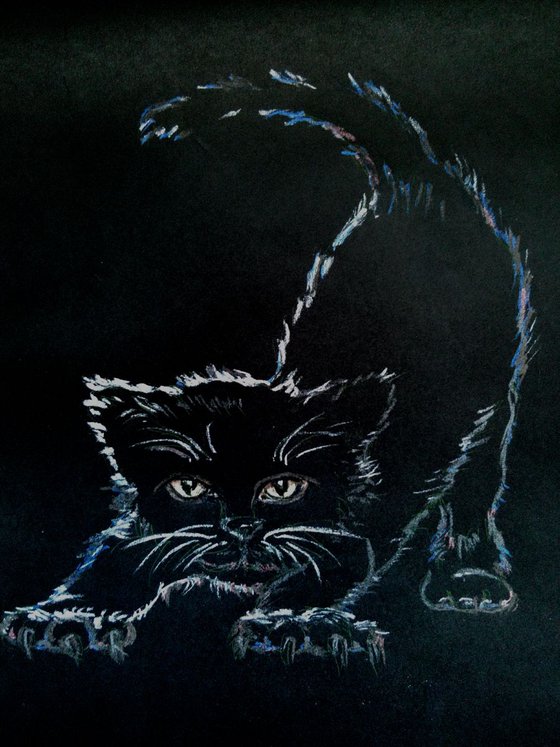 Black kitten in a dark room