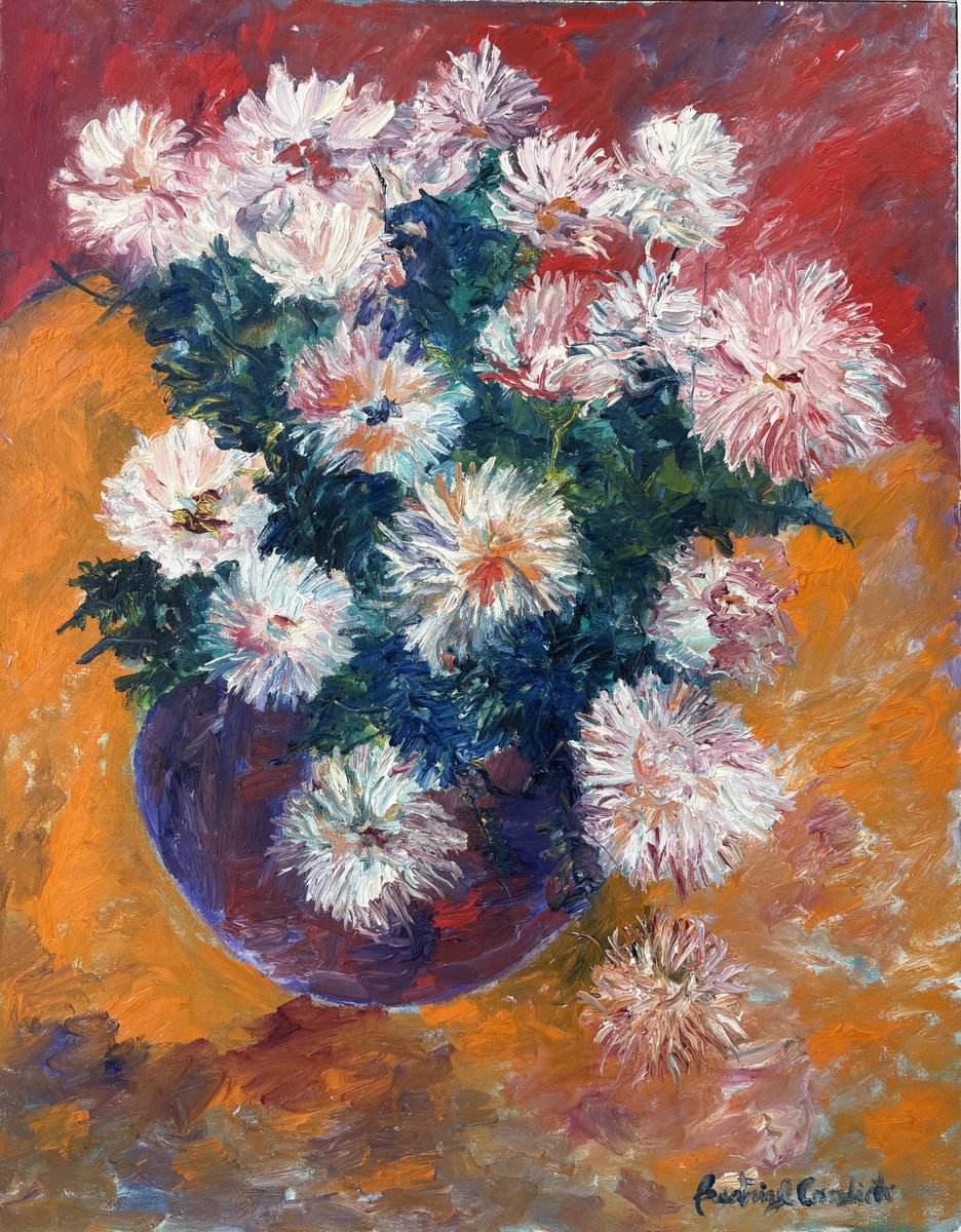 Impressionistic Botanical Oil Painting By Beatriz Candioti, 28 X 35, The Purple Vase, Original Artwork