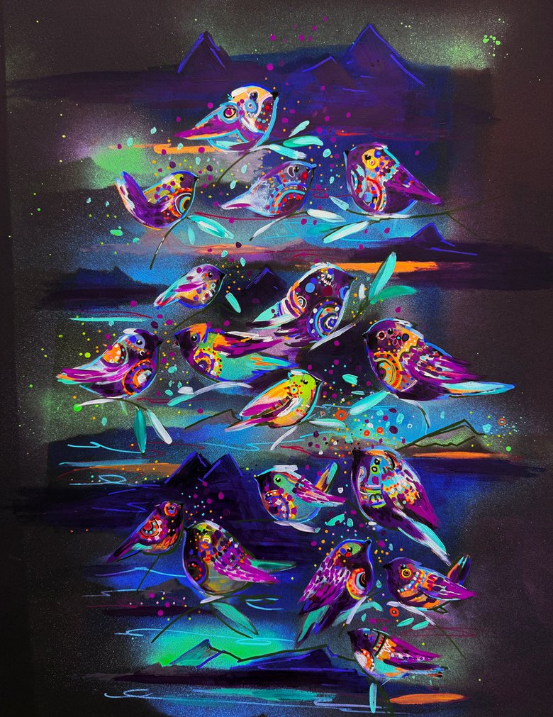 aurora birds Acrylic painting: Randi Antonsen | Artfinder