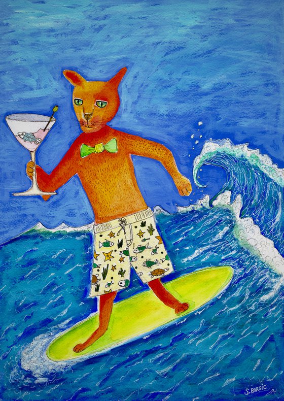 Surfing Cocktail Cat Whimsical drinking cat Humour