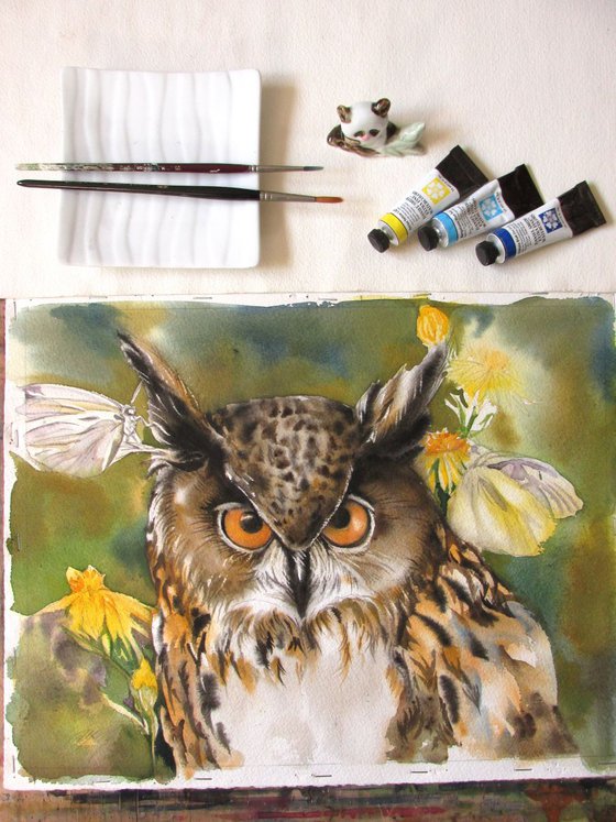 owl with butterflies