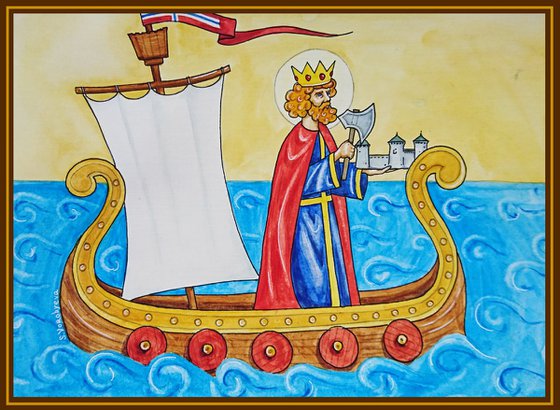 The Saint Olaf on boat. Watercolor