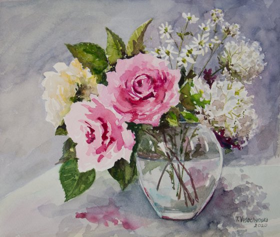 Roses in glass vase. Flower still life.