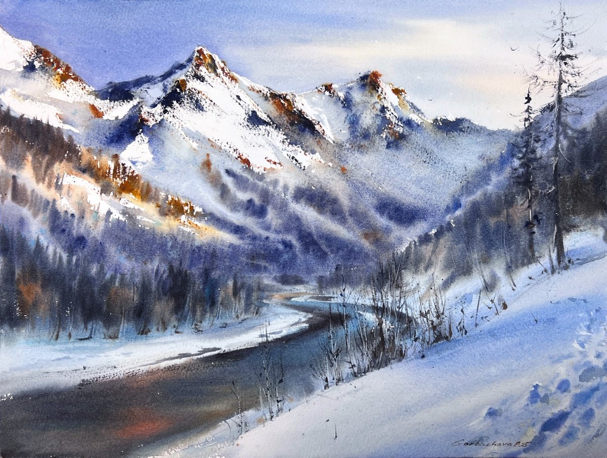 Impressionistic Watercolour , Blue Valley By Eugenia Gorbacheva, 16 X 12, Artwork For Sale On Artfinder