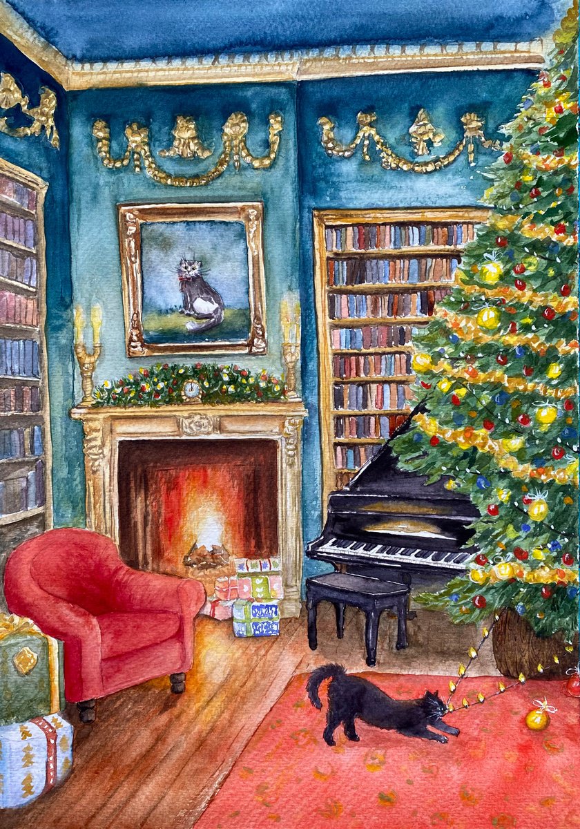 Naive Animal Watercolour By Tetiana Savchenko, 12 X 17", Christmas Decorator In Action, Original Artwork