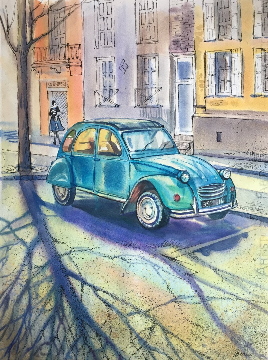 Retro car. Landscape with a blue car. by Natalia Veyner