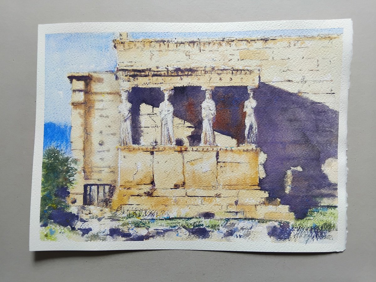 Impressionistic Cityscapes Watercolour By Nenad Kojic, 15 X 11", Erehtejonov Hram Sa Karijatida, Original Artwork