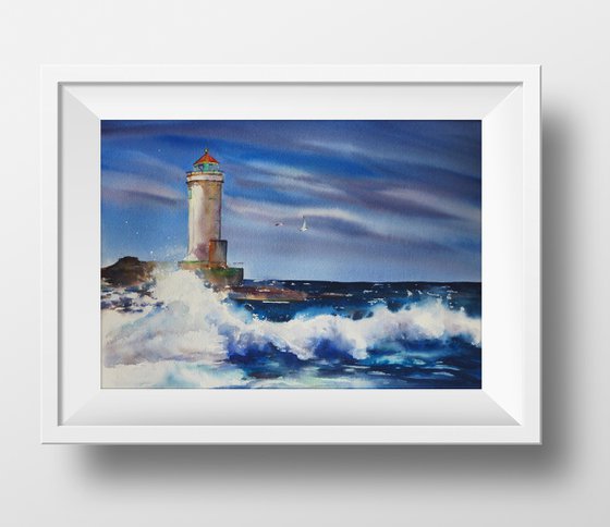 Lighthouse in the ocean, blue watercolor painting
