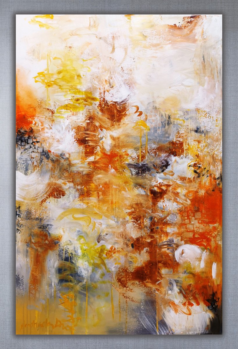 Abstract Acrylic Painting By Andrada Anghel, 30 X 48, Orange Rain, Original Artwork