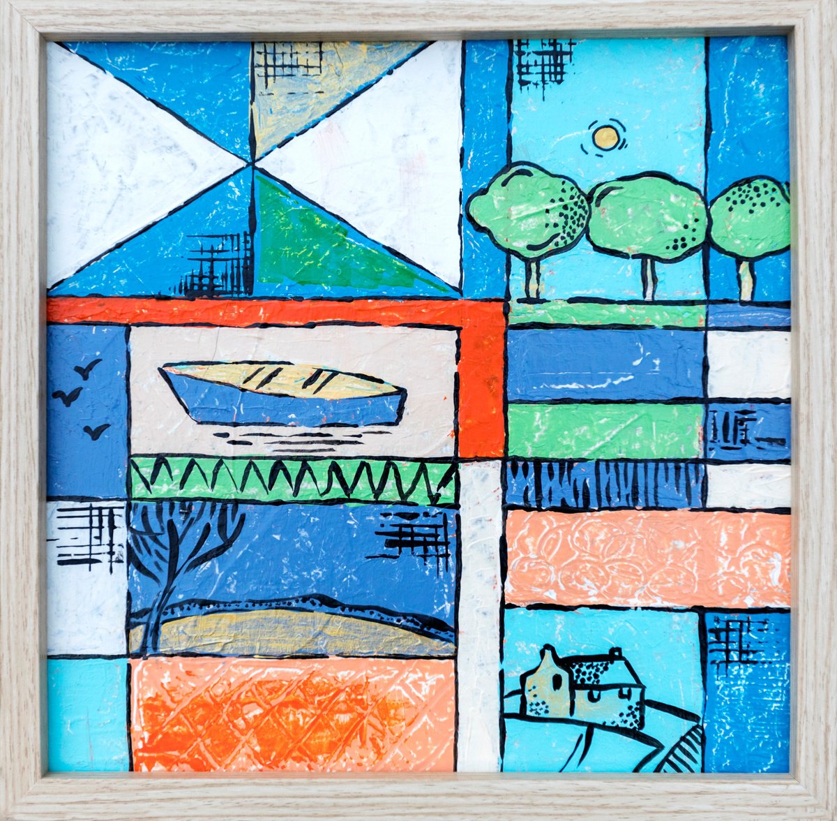 Naive Landscape Acrylic Painting By Ariadna De Raadt, 13 X 13, Structural Landscape 4, Original Artwork