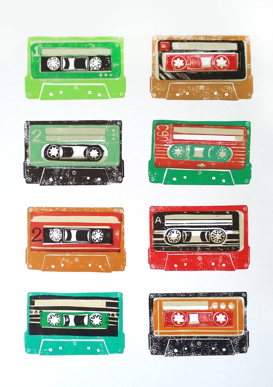 Linocut tapes #38 (cassette tapes, retro music, 70's, 80's rock culture)