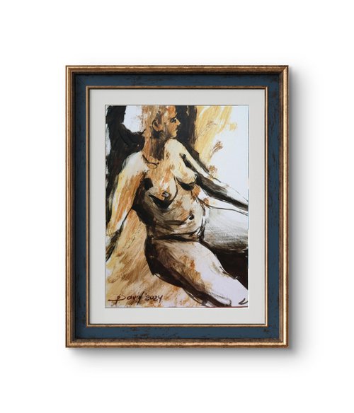 Nude tan women oil on paper by Olga David