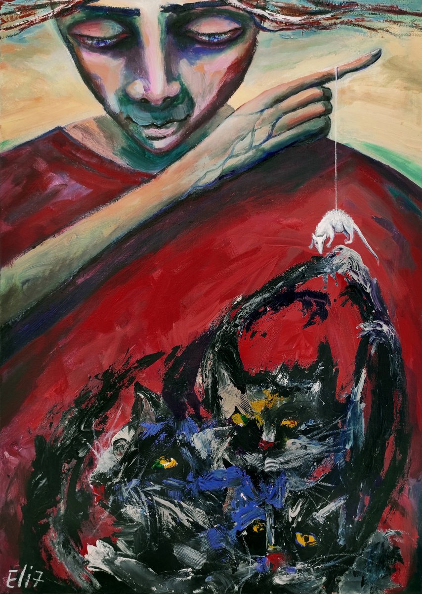 Expressive Animal Acrylic Painting By Elisheva Nesis, 20 X 28, Taming Of Chaos, Original Artwork