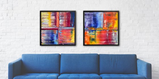 "Birds Of A Feather" - Save As A Series - Original PMS Abstract Diptych Oil Paintings On Plexiglass, Framed - 52" x 26"