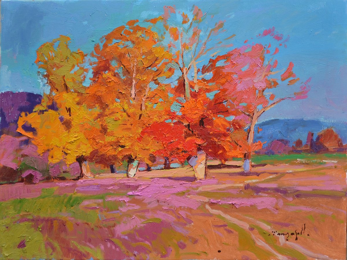 Impressionistic Landscape Oil Painting By Alexander Shandor, 31 X 24, Red Autumn, Original Artwork
