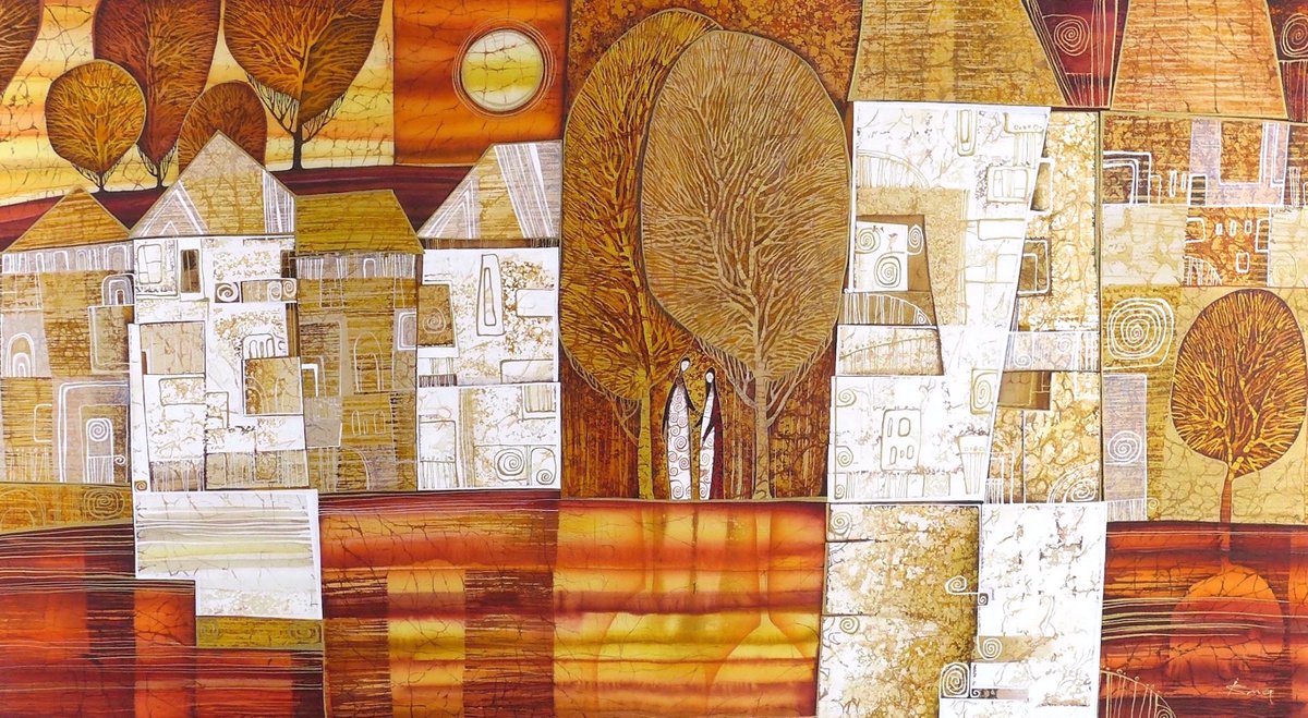 Graphic Landscape Acrylic Painting By Julia Ismambetova, 40 X 22", Reflection., Original Artwork