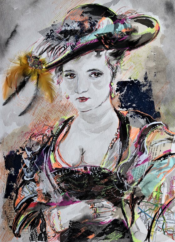 Susanna Lunden inspired by Rubens - Portrait mixed media drawing on paper