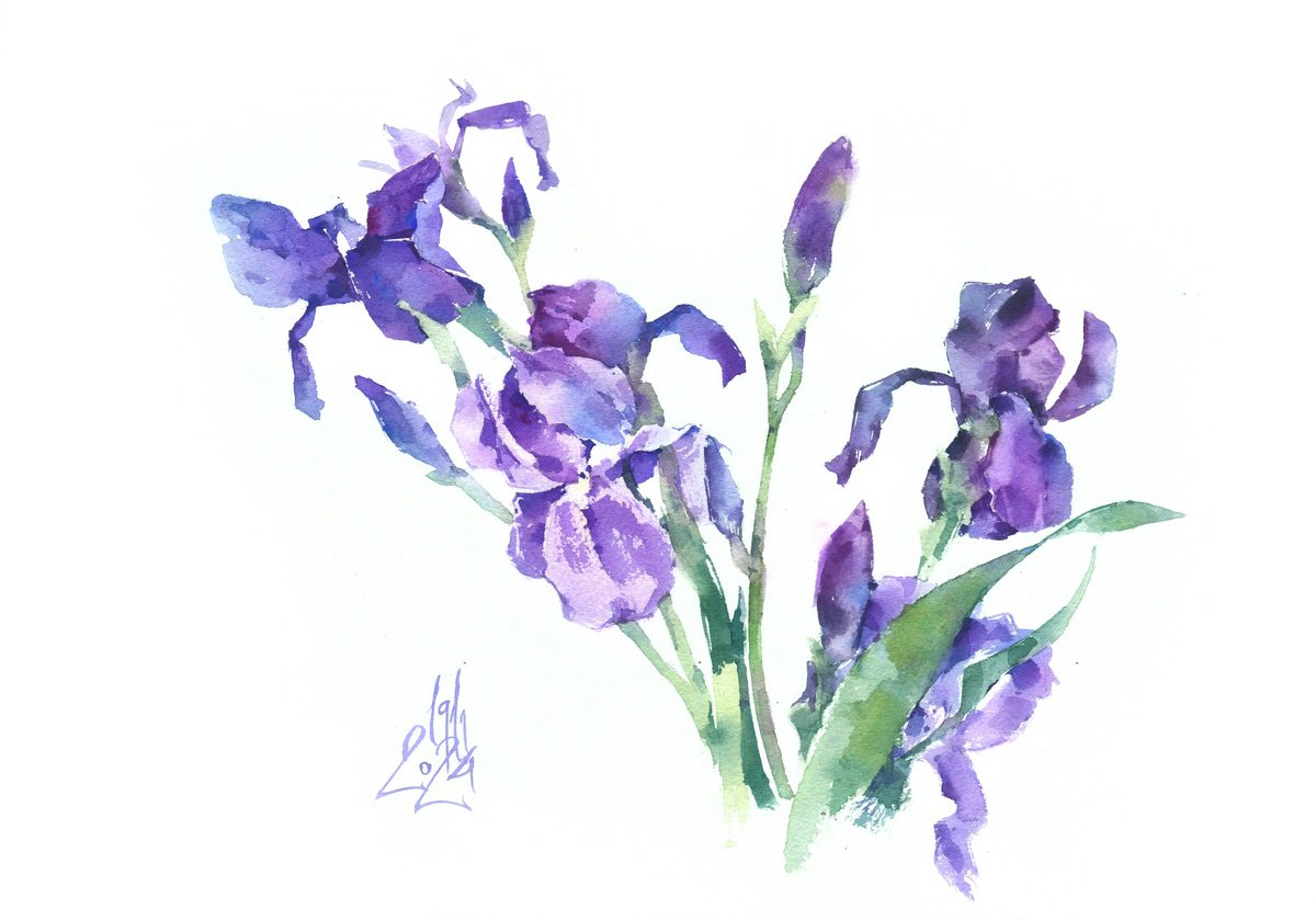Impressionistic Botanical Watercolour By Ksenia Selianko, 16 X 12", Dance Of The Purple Irises, Original Artwork
