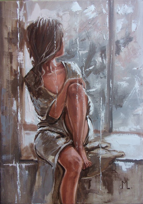 " LOOKING AT THE PAST "   street winter window original painting CITY palette knife GIFT