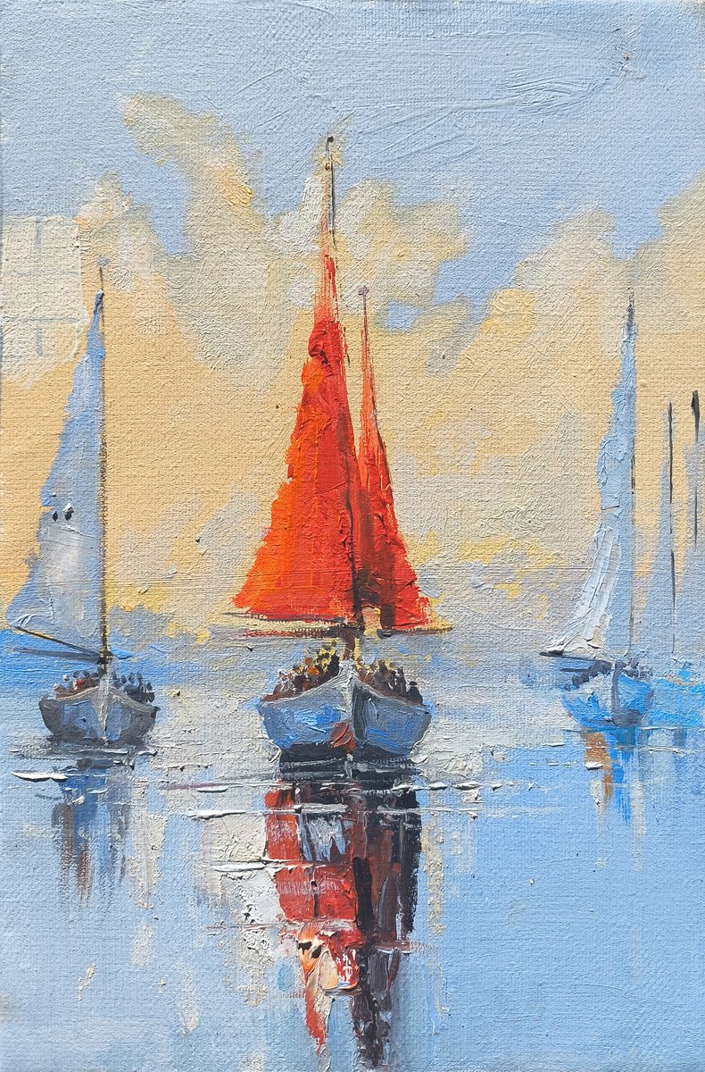 Impressionistic Landscape Oil Painting By Hrach Baghdasaryan, 8 X 12, Crimson Sail, Original Artwork