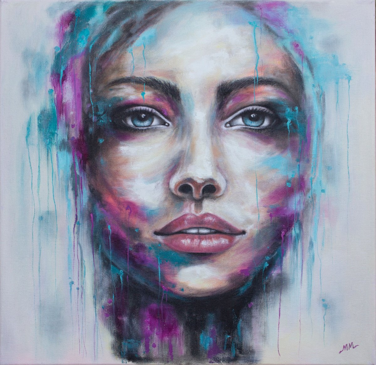 Expressive Portrait Oil Painting By Mila Moroko, 20 X 20", Eyes Contact 3, Original Artwork