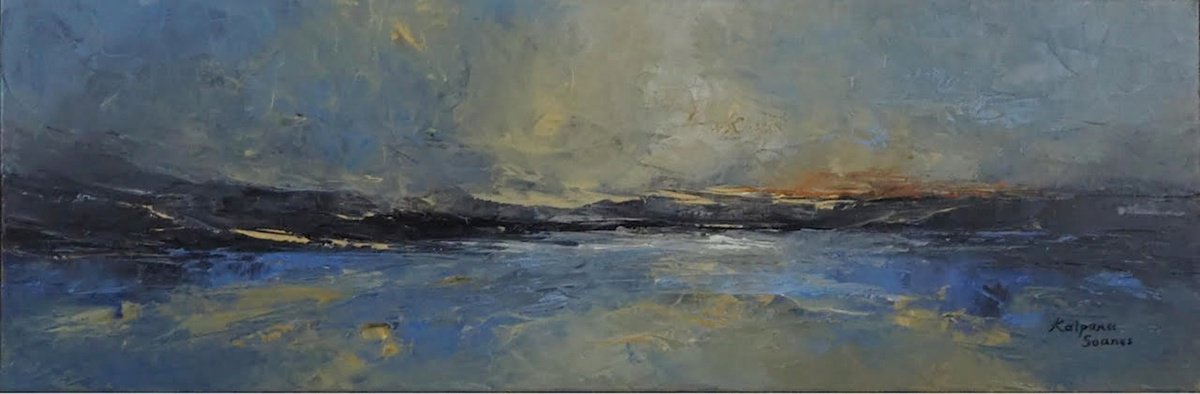 Impressionistic Landscape Oil Painting By Kalpana Soanes, 35 X 12", Winter Sunshine, Original Artwork