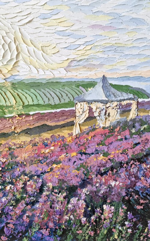 Lavender at sunset. Relief landscape with a purple field. Summer blooming by Irina Stepanova