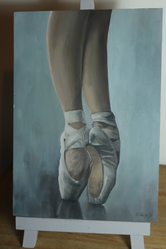 Ballet Feet in Grey, On Pointe Painting, Ballerina, Dance, Framed and Ready to Hang, Feet on Tip-Toes