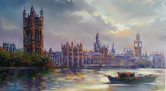 London Evening -  Thames, Palace of Westminster, large original oil painting