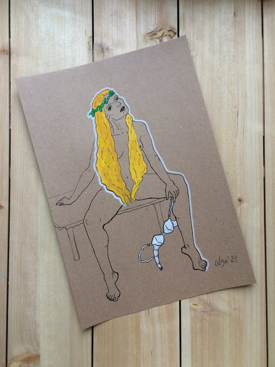 Portrait nude woman with yellow hair and bra in hands - Erotic figure study - Sensual gift idea
