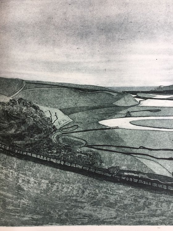 Heike Roesel "Cuckmere Valley", fine art etching, edition of 20 in variation