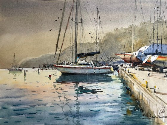 Yacht on the coast. Watercolor painting