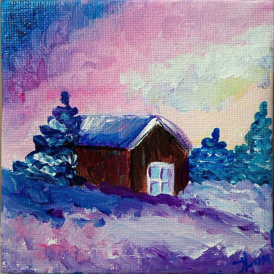 Winter sunset and tiny house. Miniature painting