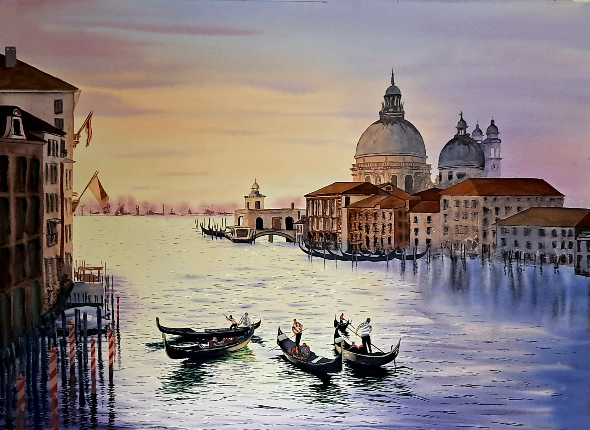 Expressive Cityscapes Watercolour By Yuliia Sharapova, 30 X 22", Sunset In Venice, Original Artwork
