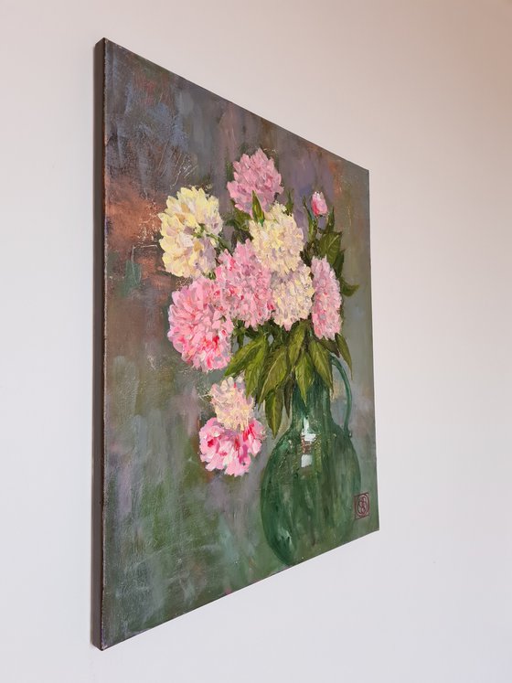 Peonies in Green Vase