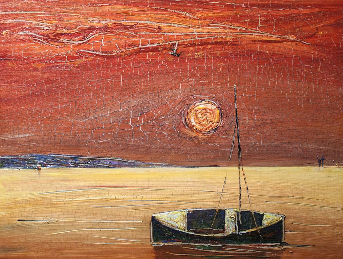 Expressive Landscape Acrylic Painting By Viktor Ivaniv, 35 X 28", At Sea. A Hot Evening, Original Artwork