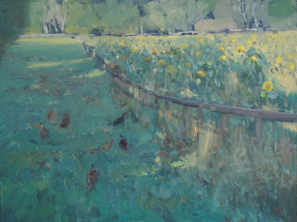 Impressionistic Animal Oil Painting By Alex James Long, 16 X 12, Pheasants And Sunflowers, Original Artwork