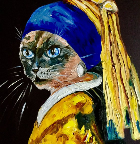 Siamese Cat with the pearl earring. Feline art. Blue eyes. Gift idea for cat lovers